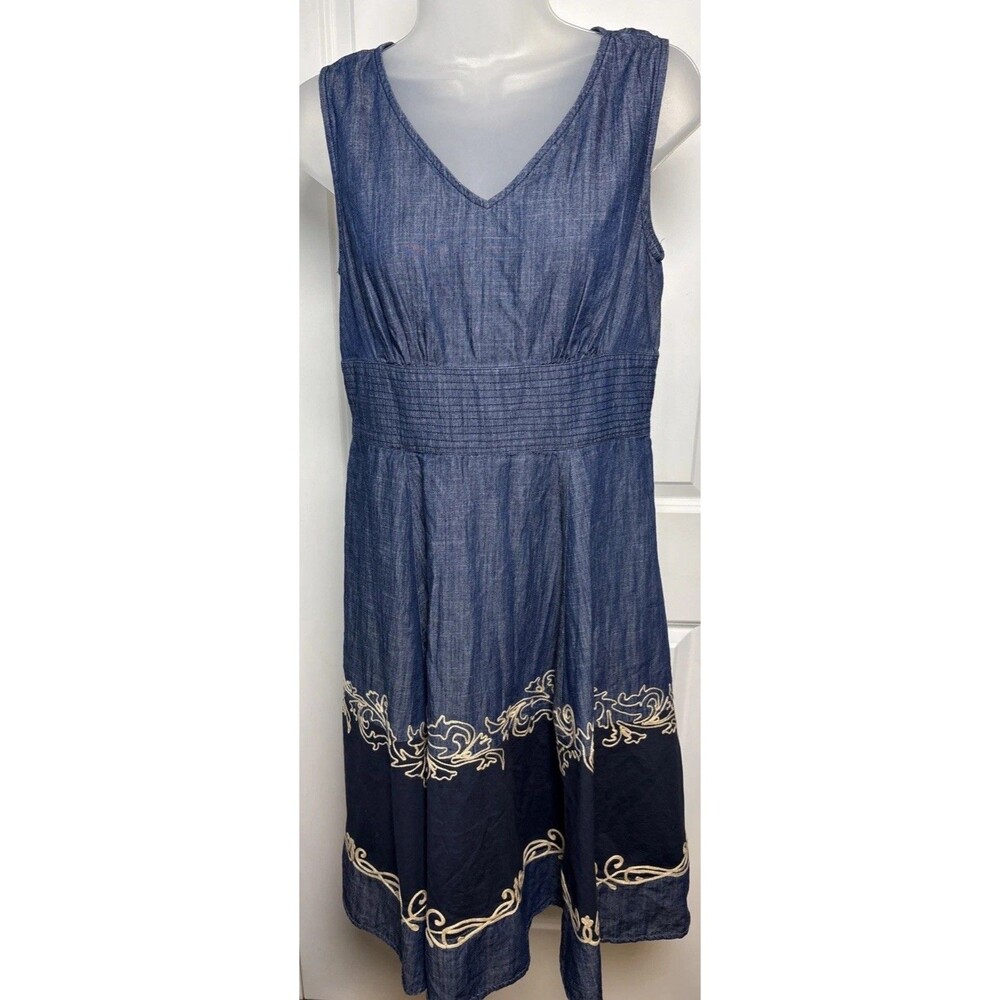 eShakti Dress Small 6 Embroidered Fit and Flare Cotton Womens Pockets Denim look